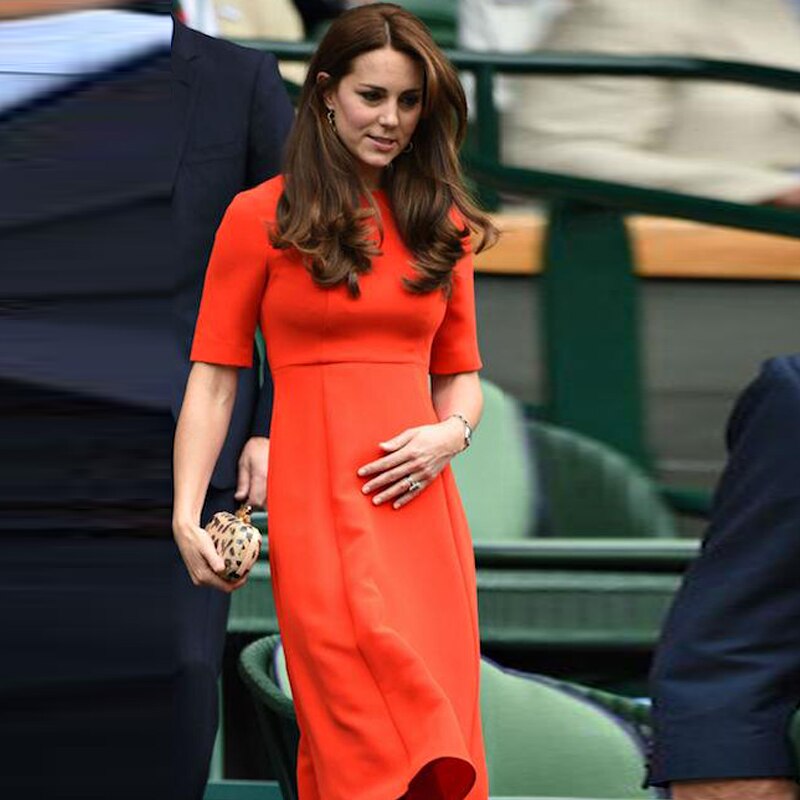 Kate Middleton Orange Short Sleeve Fit Flare A Line Midi Dress