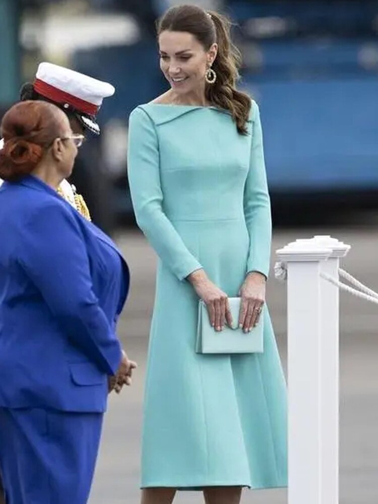 Kate Middleton Aquamarine Turquoise Midi Royal Tour Dress The Bahamas