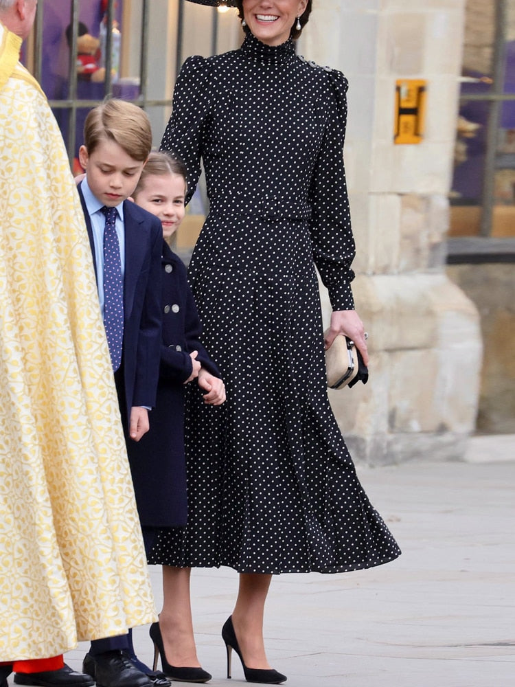 Kate Middleton Navy Blue Polka Dot Vintage Midi Pleated Dress Funeral Occasion Dress