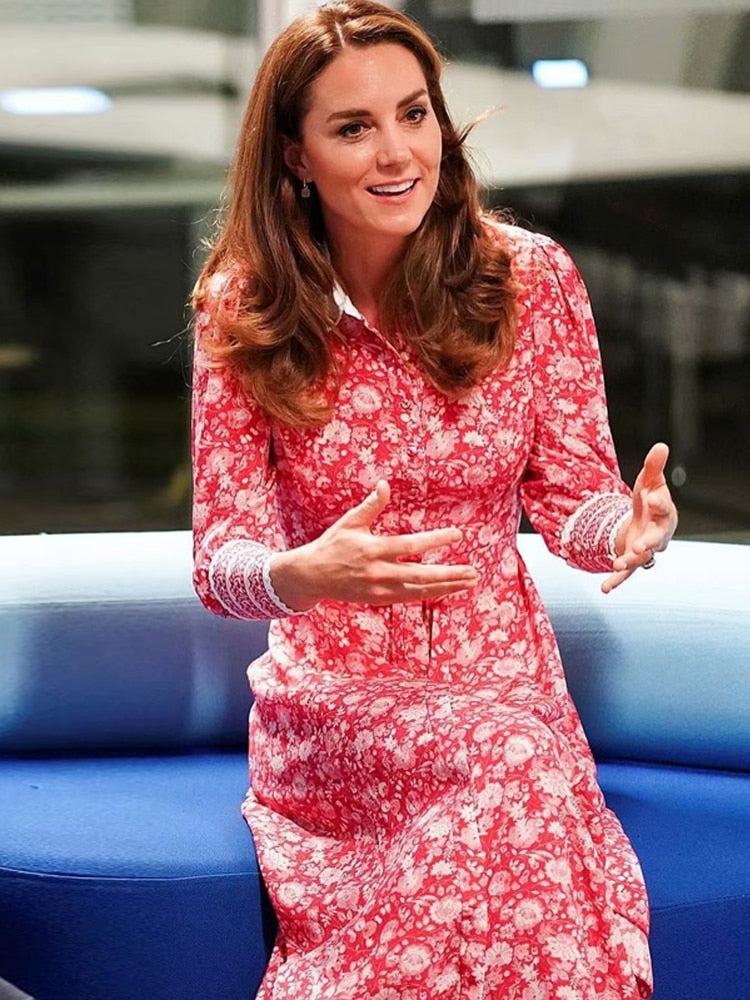 Kate Middleton Pink Floral Long Sleeve Shirt Midi Dress