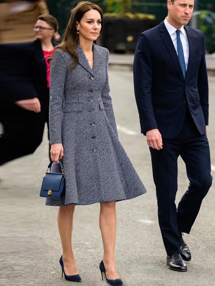 Kate Middleton Winter Tweed Fit Flare Coat Dress Dark Grey