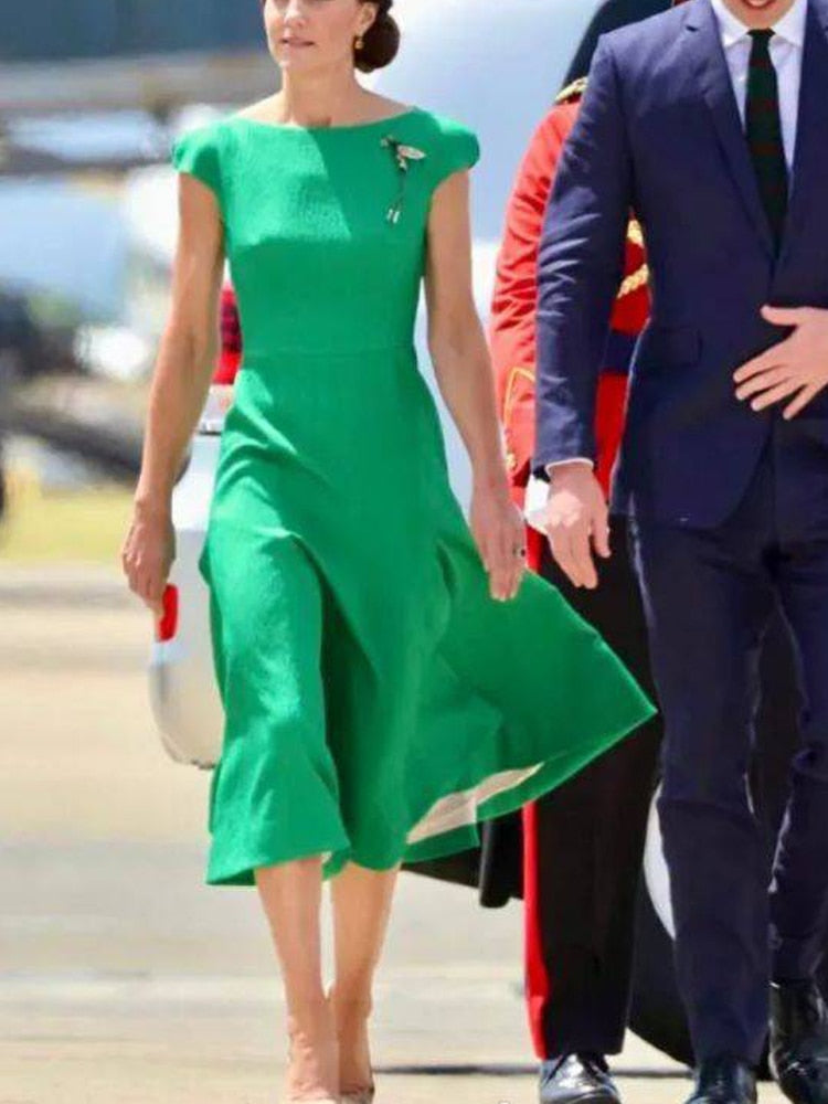 Kate Middleton Apple Green Summer Fit Flare Midi Dress Wimbledon Style