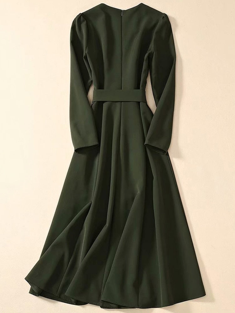 Kate Middleton Dark Forest Green Autumn Winter Fit Flare Long Sleeve Midi Dress