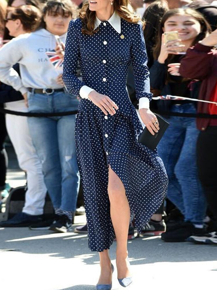 Kate Middleton Retro Polka Dot Shirt Midi Dress White Collar Dress