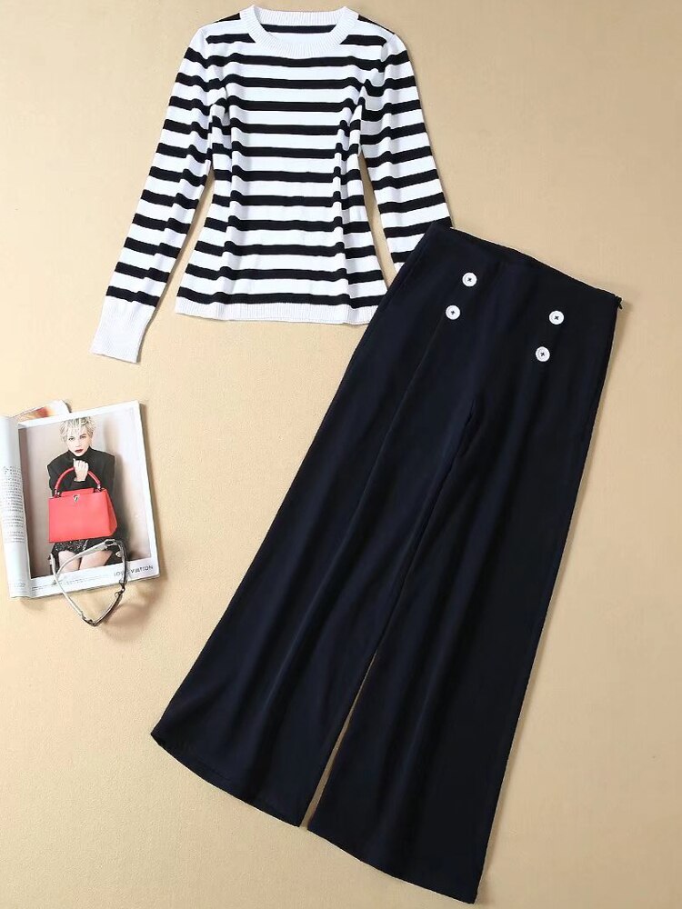 Kate Middleton Sailor Nautical Style Two Piece Striped Sweater Navy Blue Pants Trousers