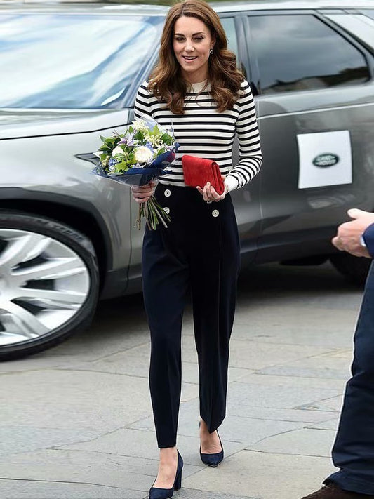 Kate Middleton Sailor Nautical Style Two Piece Striped Sweater Navy Blue Pants Trousers