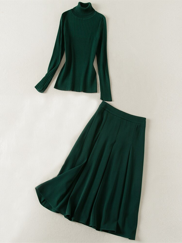 Kate Middleton Dark Forest Green Turtleneck Sweater and Pleated Midi Skirt Outfit