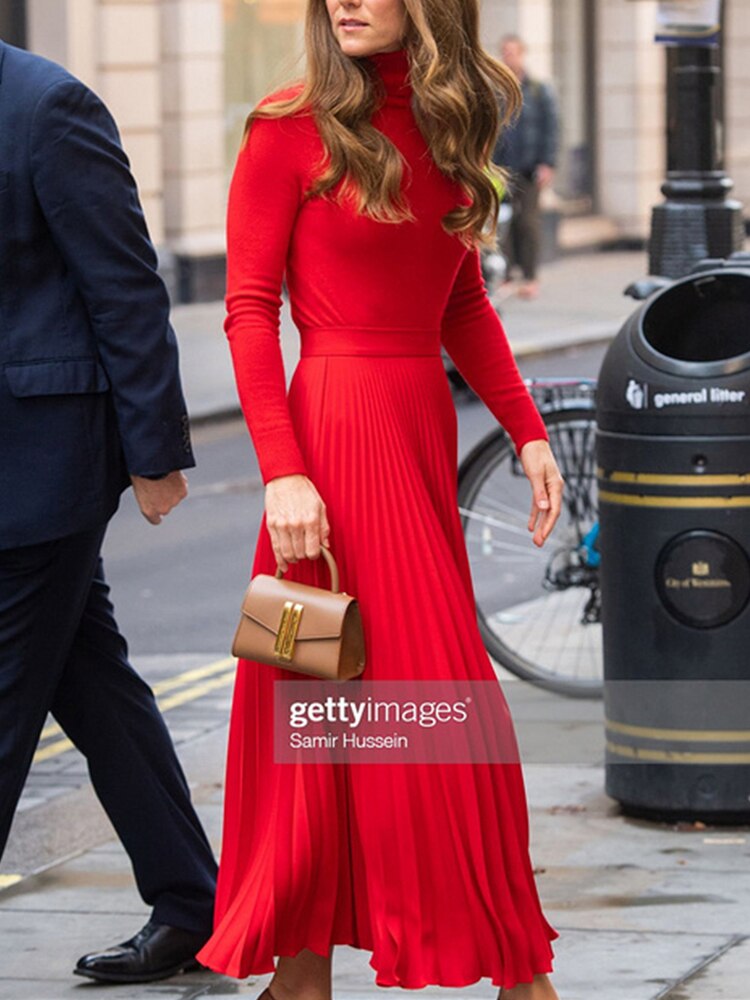 Kate Middleton Red Turtleneck Sweater & Pleated Midi Skirt Outfit