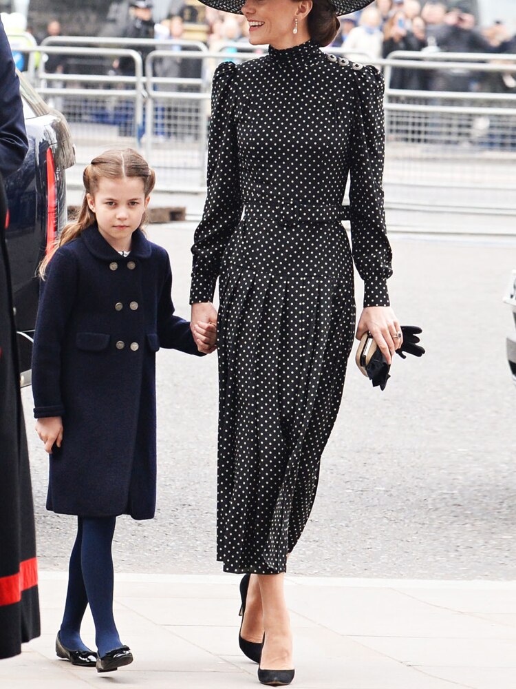 Kate Middleton Navy Blue Polka Dot Vintage Midi Pleated Dress Funeral Occasion Dress