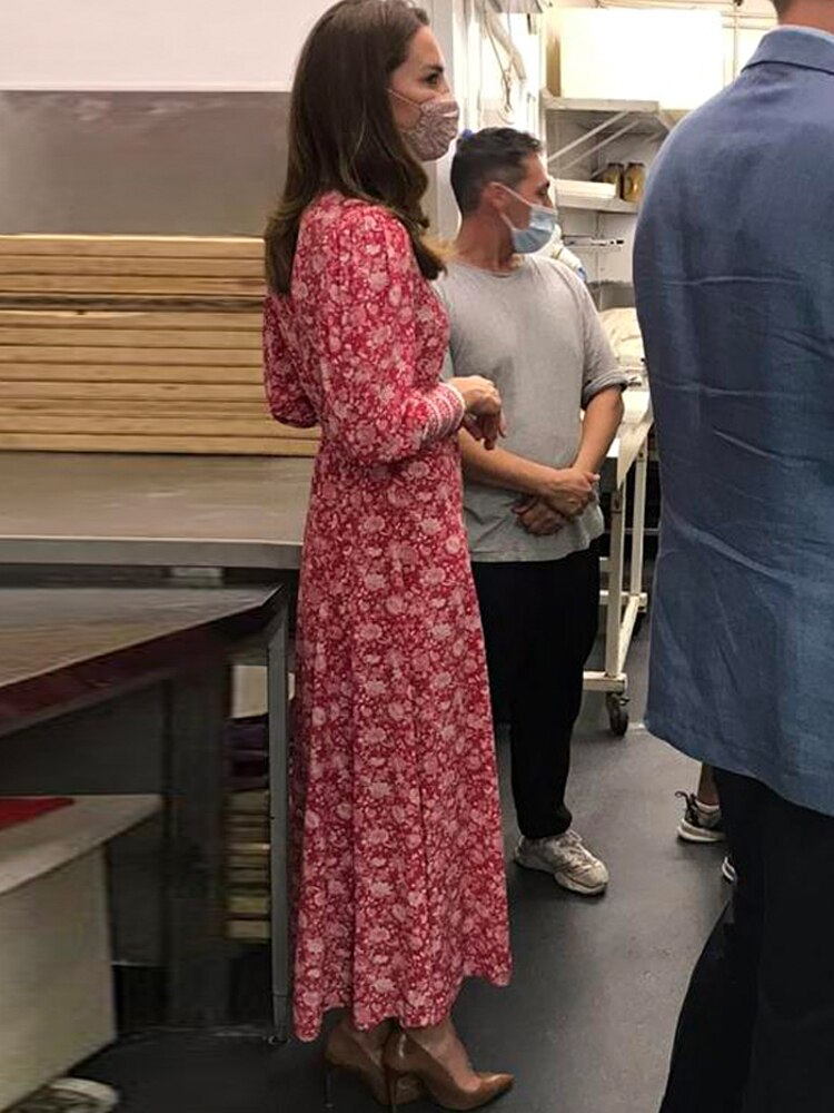 Kate Middleton Pink Floral Long Sleeve Shirt Midi Dress