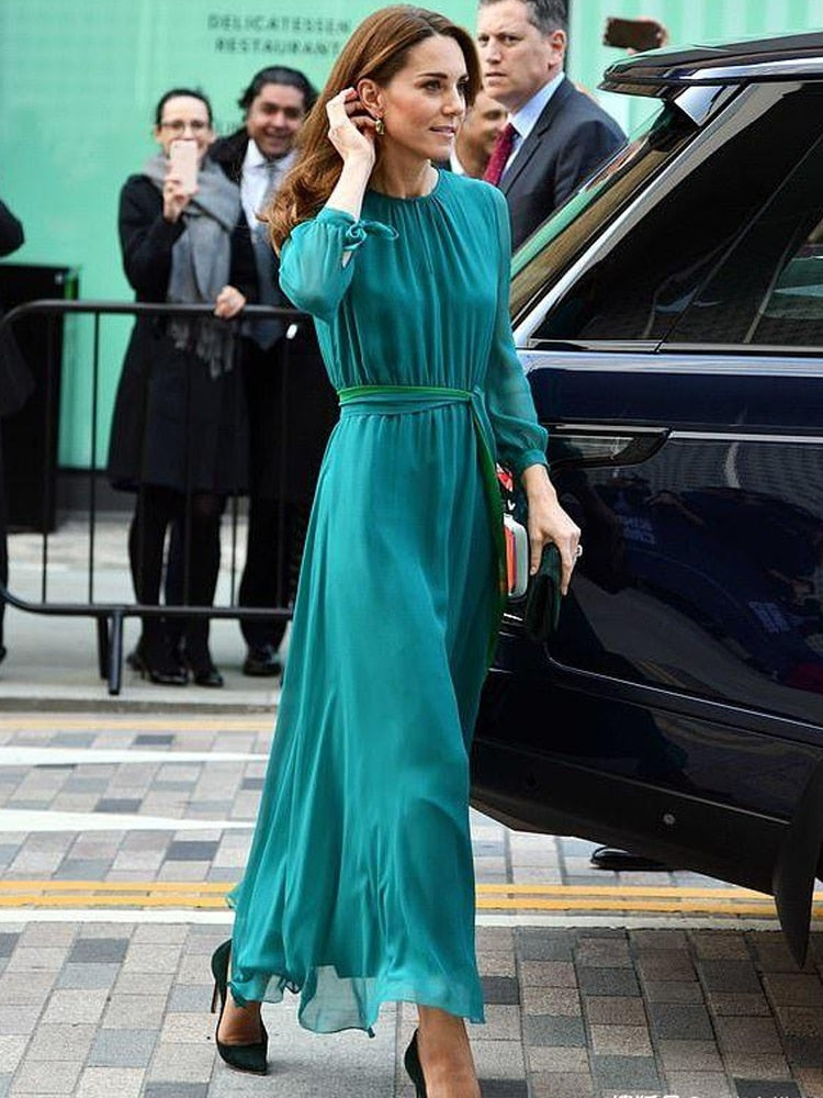 Kate Middleton Turquoise Teal Blue Midi Maxi Occasion Evening Dress