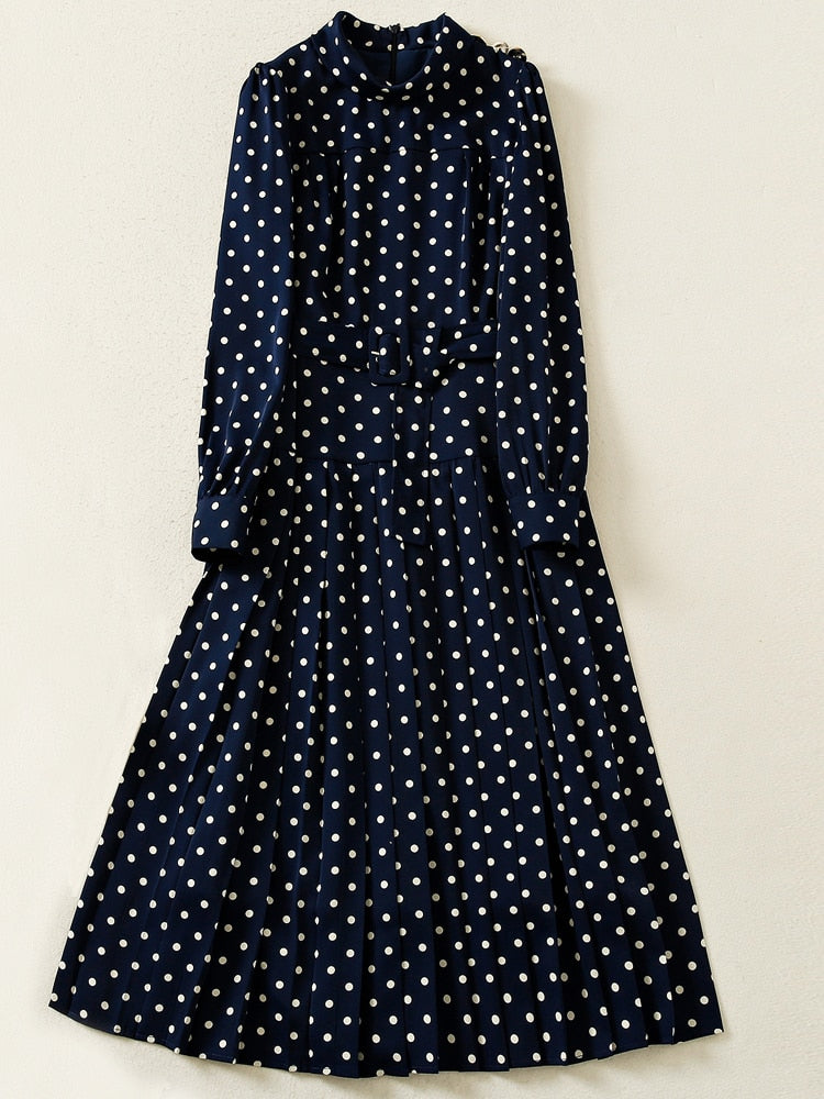 Kate Middleton Navy Blue Polka Dot Vintage Midi Pleated Dress Funeral Occasion Dress