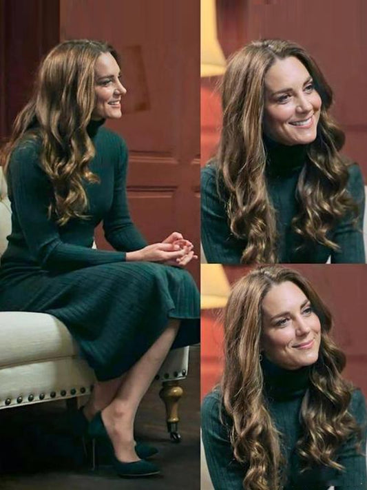 Kate Middleton Dark Forest Green Turtleneck Sweater and Pleated Midi Skirt Outfit