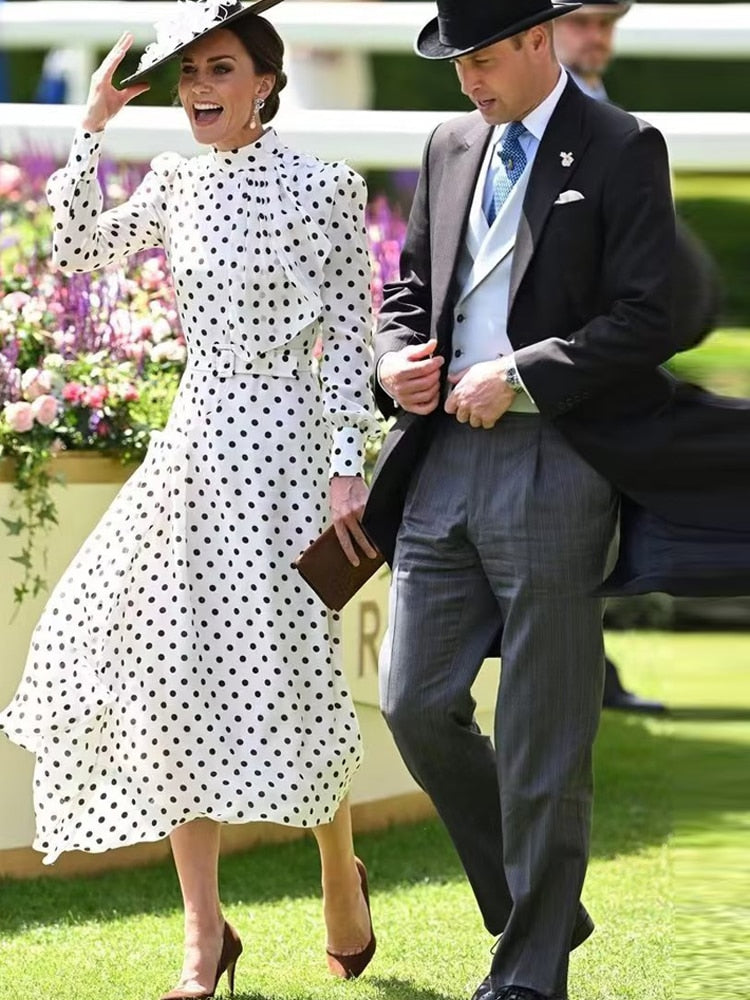 Kate Middleton White Polka Dot Midi Dress Royal Ascot Dress opalroyaleclothing