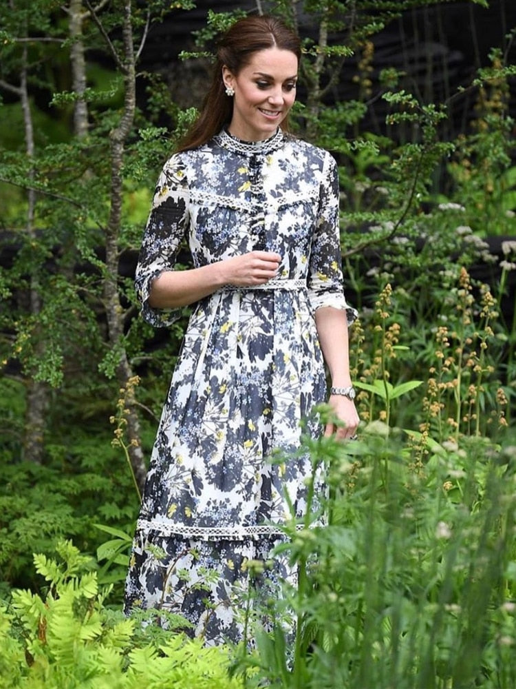 Kate Middleton Floral Maxi Dress Spring Summer Bohemian Garden Party Midi Dress